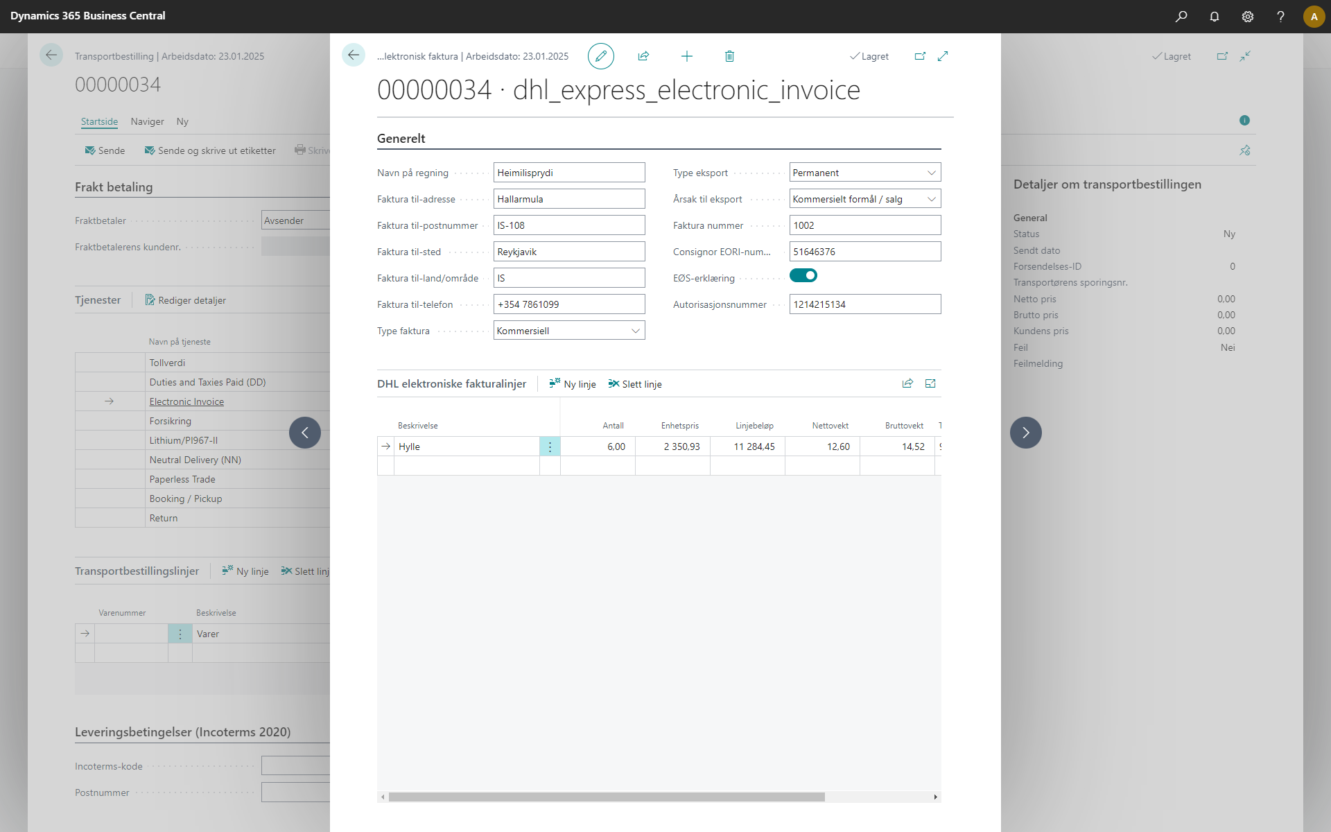 Screenshot showing how paperless trade/electronic invoice looks in Business Central