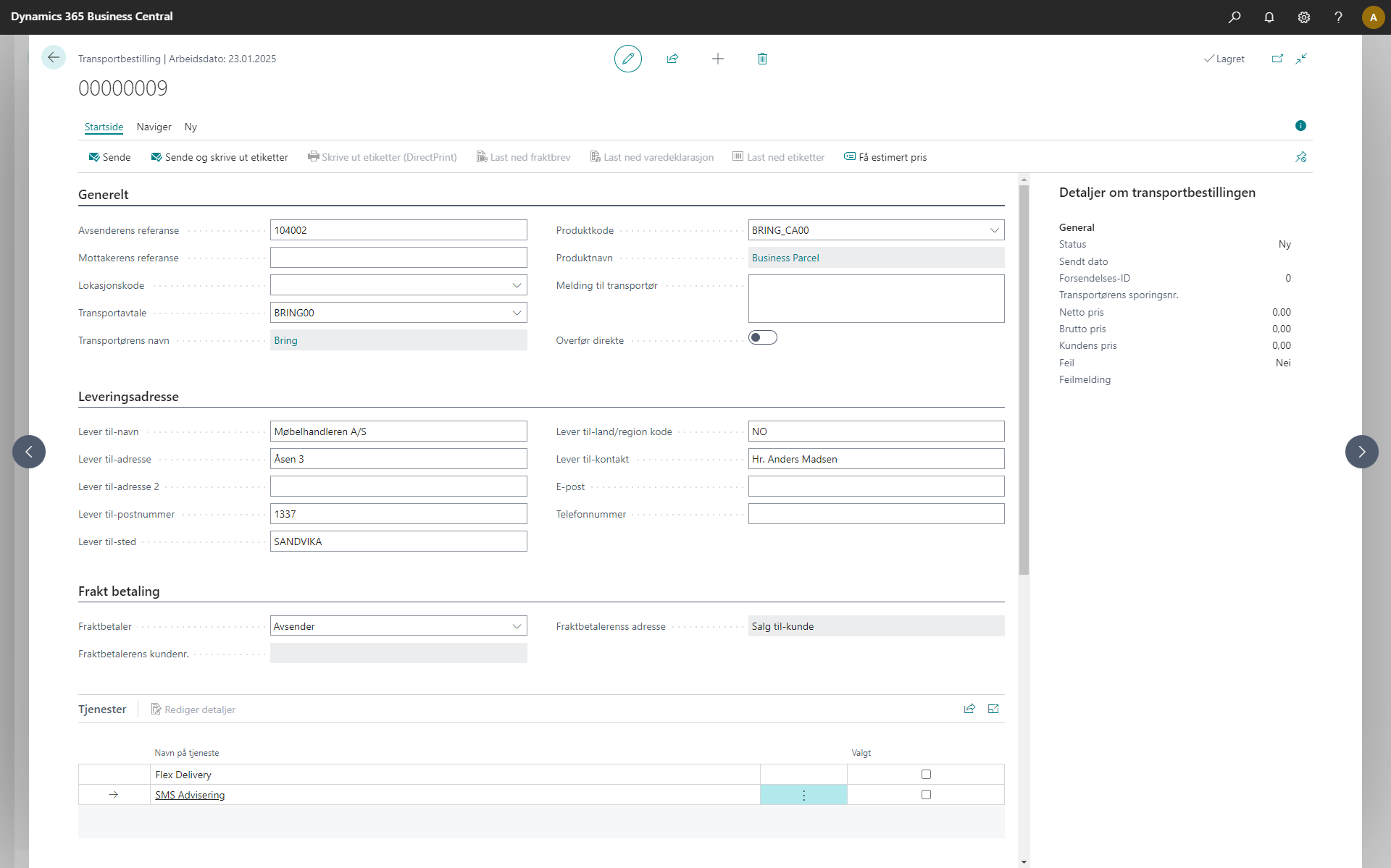A screenshot showing a Transport Order in Cargonizer Connector